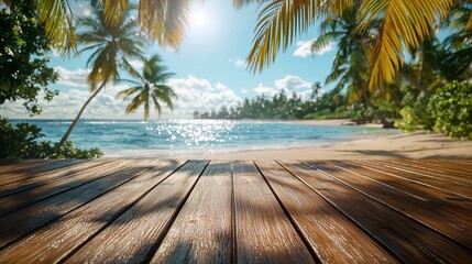 A wooden deck overlooking a sunny tropical beach, framed by palm trees, with crystal clear waters and bright blue skies.