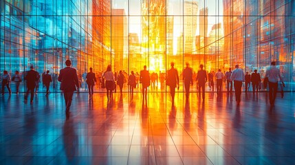 A dynamic long exposure shot of business people in a bright office lobby, symbolizing movement and energy in corporate settings. Ideal for business presentations and marketing materials.