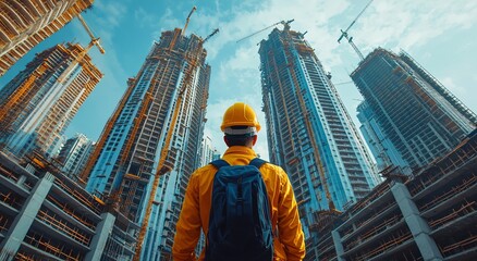 A civil engineer observing a real estate project construction site, ideal for business presentations, marketing materials, and industry reports on urban development.