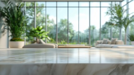 Fototapeta premium A bright and airy living room features a marble table and lush green plants, with large windows offering a serene garden view.