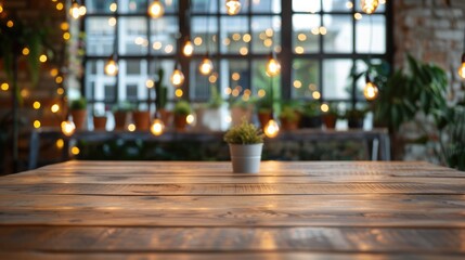 Fototapeta premium Table in deserted workplace with cafe lights in the background