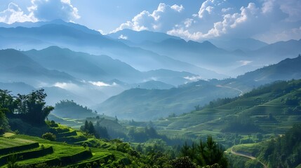 Fototapeta premium Misty Mountain Landscape with Rice Terraces