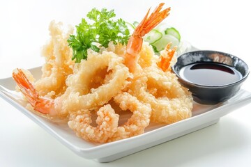 A plate of crispy shrimp tempura garnished with cucumber and a dipping sauce.