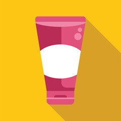 Pink cosmetic tube with blank white label for branding, on yellow background with long shadow