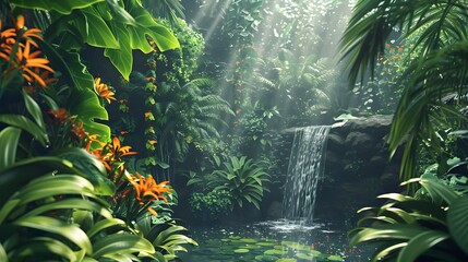 Lush Tropical Rainforest with Waterfall and Sunlight