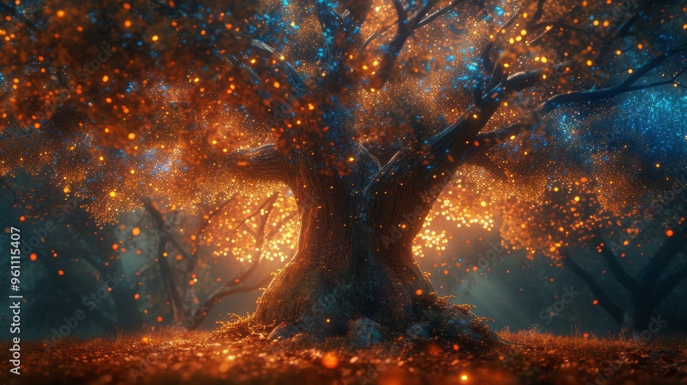 Poster a grand, ancient tree emits a warm, magical glow as it stands illuminated in a dim, misty forest. th
