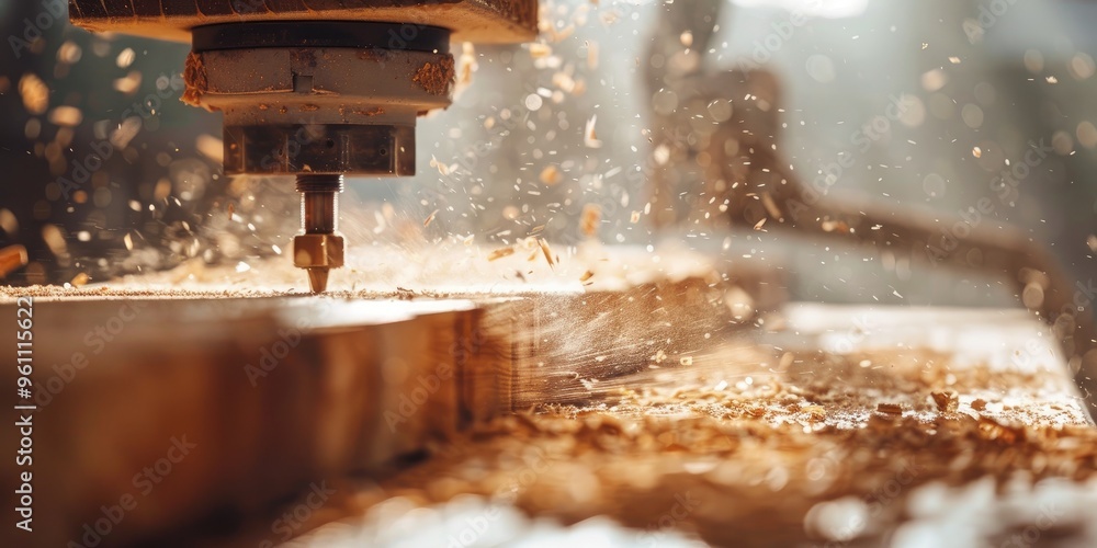 Poster woodworker using a cutting machine to slice a timber board.