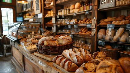 Freshly Baked Bread Display in a Rustic Bakery