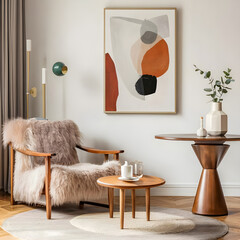 Interior design of modern living room with colorful sofa.A cozy, modern living room interior with warm earthy tones, a stylishmid-century sofa in terracotta.