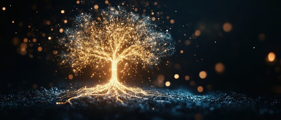 Illuminated Digital Tree with Glowing Roots and Branches in a Dark Abstract Background