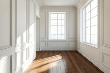 Obraz premium Elegant Minimalist White Wainscoting Wall with Wooden Floor Interior Design