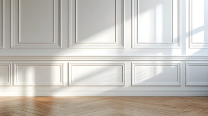 Fototapeta premium Elegant Minimalist White Wainscoting Wall with Wooden Floor Interior Design