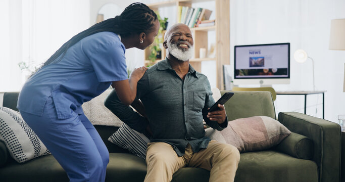 Nurse, senior man and back pain on sofa for help, care or support for recovery from injury in retirement. Black people, physical therapy and elderly person with muscle, rehabilitation and watching tv - Powered by Adobe