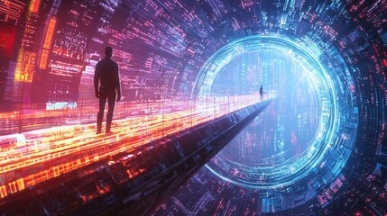 A futuristic digital artwork featuring two silhouetted human figures standing on a long, narrow bridge made of glowing, multicolored lights. The background consists of a complex, vibrant digital citys