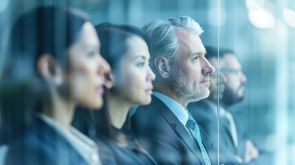 A group of professionals in business attire engaged in thoughtful discussion or contemplation.