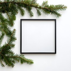 Festive Christmas Composition with Black Frame and Tree Branches on White Background - Mock Up Square Design with Copy Space for Front View
