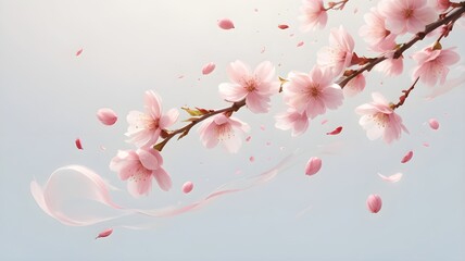 Pink Cherry Blossoms Falling on Light Blue Background