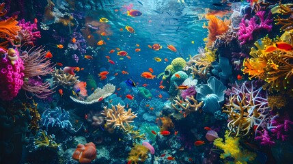 Fototapeta premium Vibrant Coral Reef Underwater Scene with Colorful Fish