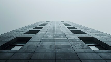 Modern Building Facade with Windows and Foggy Sky