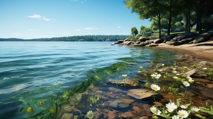 Summer landscape with blue cloudy sky reflection