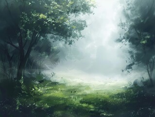 A misty forest clearing with sunlight streaming through the canopy.