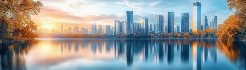 Fototapeta premium City skyline reflected in a calm lake at sunset.