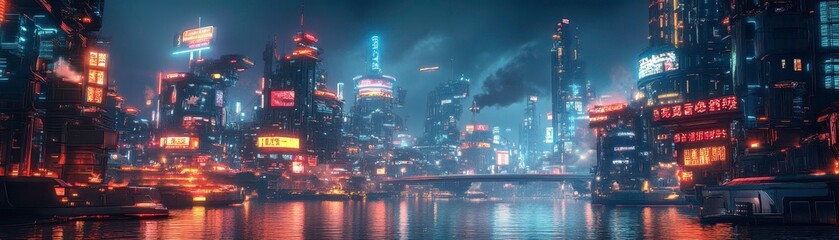 Obraz premium AI-Driven 3D Cartoon Cyberpunk City with neon lights, robots, and dynamic action scenes