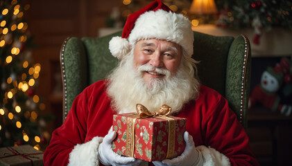 On Christmas Eve, Santa Claus smiles warmly with a Christmas gift in his red and white outfit.