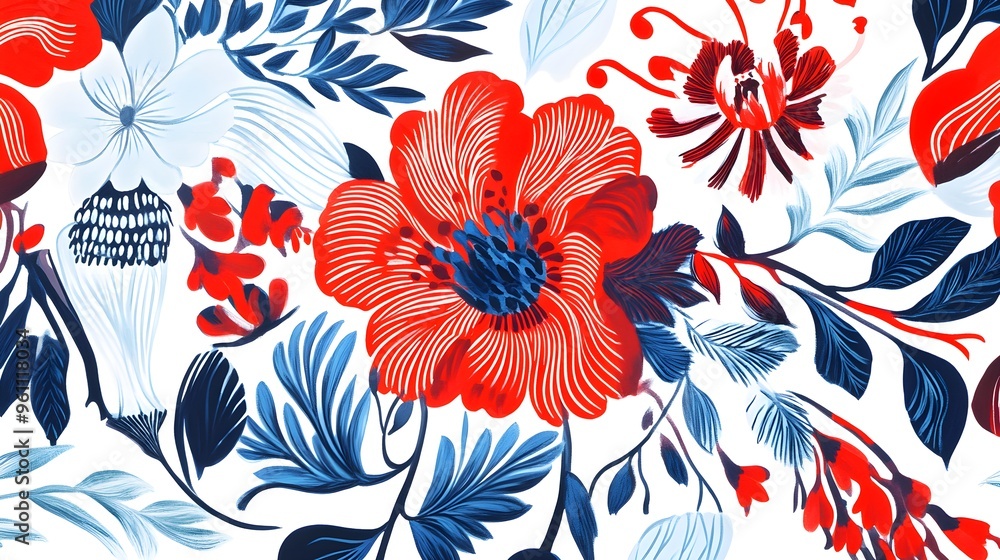 Wall mural Hyper-Realistic Illustration of an Intricate Floral Pattern in Matisse Style with Red and Blue Hues on a White Background, Featuring Vibrant Colors, High Contrast, and Detailed Ornate Design