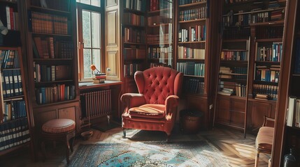 Comfortable Reading Nook in a Library with a Red Armchair and Bookshelves