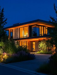 Fototapeta premium Illuminated modern home showcase exterior at night