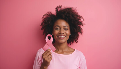 Afro-American woman shows a ribbon for October Breast Cancer Awareness campaign. Our fight