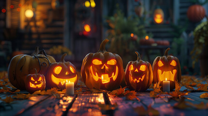 Obraz premium Glowing jack-o'-lanterns with candles and autumn leaves on wooden table, spooky Halloween decor