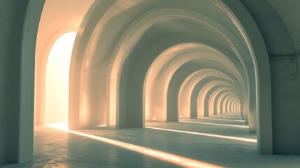 Obraz premium A beautifully minimalistic architectural interior, showcasing endless arches with warm sunlight casting intricate shadows on smooth surfaces. The design's simplicity and light evoke a peaceful, almost