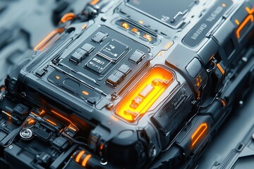 Futuristic high-tech device with glowing orange accents, showcasing intricate circuit details and advanced technology components.