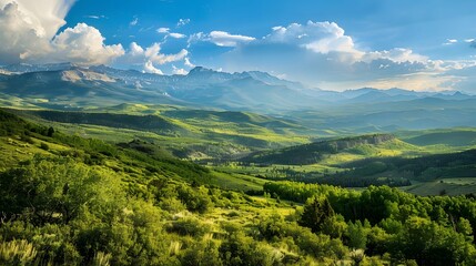 Majestic Mountain Range with Lush Green Valley and Clouds in the Sky