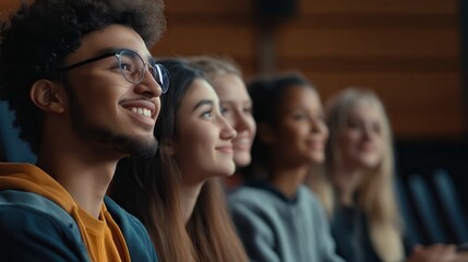 Obraz premium Group of students attentively listening during a lecture in a modern classroom, showcasing diversity and engagement.