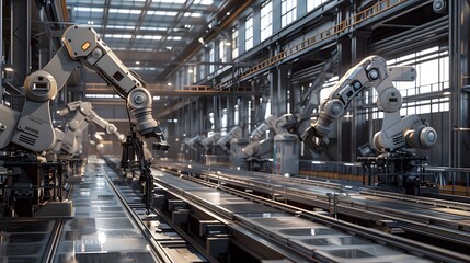 Obraz premium Automated Industrial Manufacturing Line with Robotic Arms