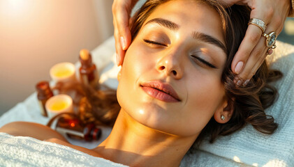 Close view of a woman in a spa, deeply appreciating her relaxing and personal care time.
