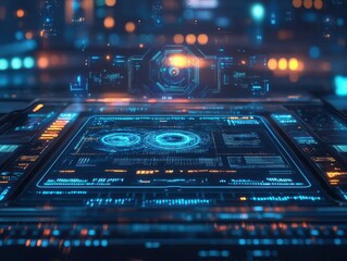 Obraz premium Futuristic digital interface with glowing blue and orange lights, abstract technology background.