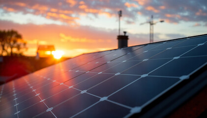 Solar energy farm with close-up of panels converting sunlight into green energy.