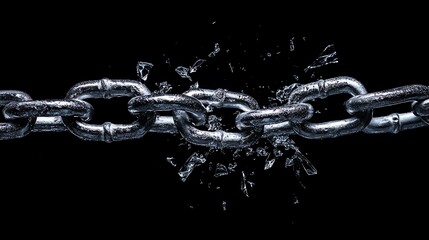 A metal chain breaks, with shards of metal flying out.
