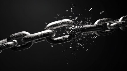 A metal chain breaking apart, symbolizing overcoming obstacles or breaking free.