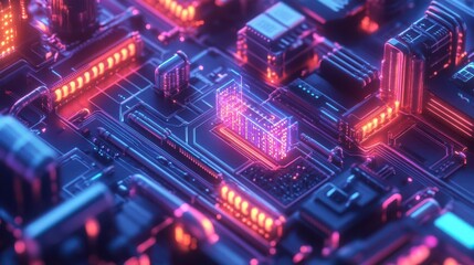 Obraz premium Abstract futuristic cyberpunk circuit board with glowing neon lights.