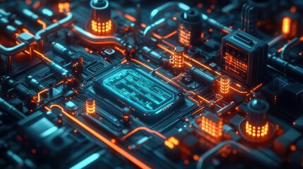 Abstract futuristic cyberpunk circuit board with glowing neon lights.