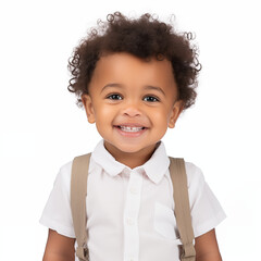 2 -year -old black boy, smiling, adorable Wearing a white short -sleeved shirt Brown bib isolated on white background.