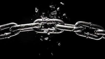A metal chain broken in half, with pieces of the chain flying through the air.