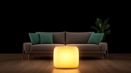 Fototapeta premium Modern cube lamp illuminating living room with sofa.