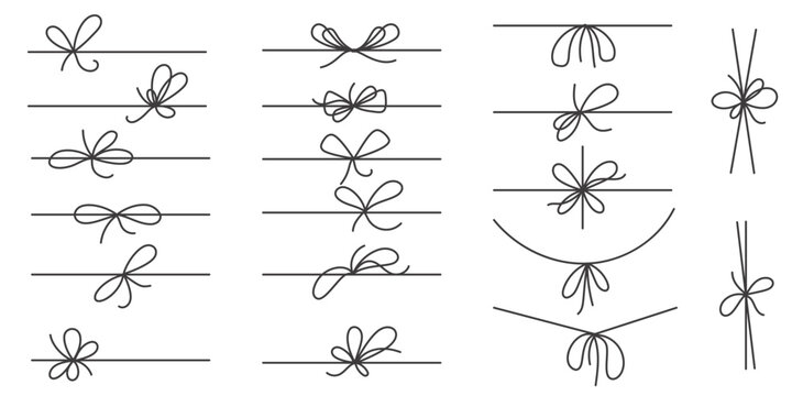 Ribbon bow with knots for present decoration and gift box package. Simple vector hand drawn string and outline minimal ropes. Thin cute decoration with twine tinsel and yarn with loops. Holiday design