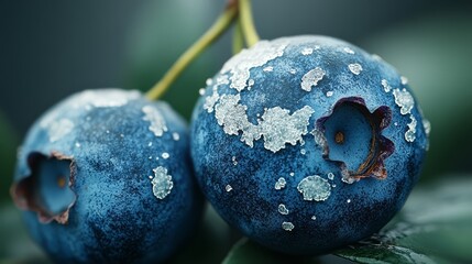 Closeup of Blueberries with White Spots on Branch